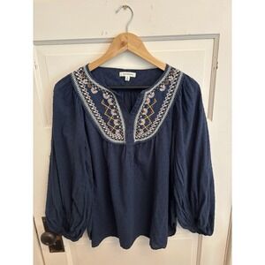 Max Studio Women's Navy Embroidered Floral Blouse Balloon Sleeves Size Small $98